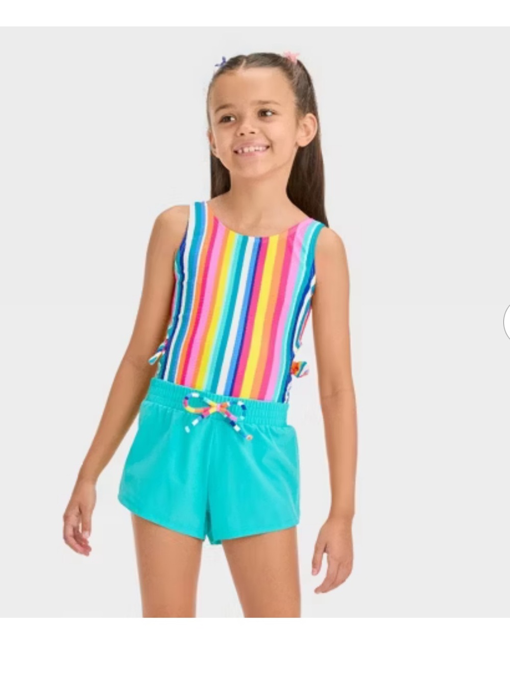 Cat & Jack Girls' Rainbow Stripe One-Piece Swim with Teal Swim Shorts 6/7